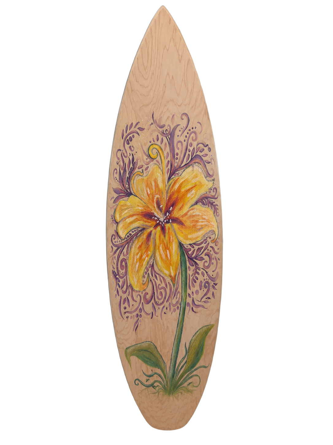 Hand-painted yellow lily surfboard by Riley Morrison