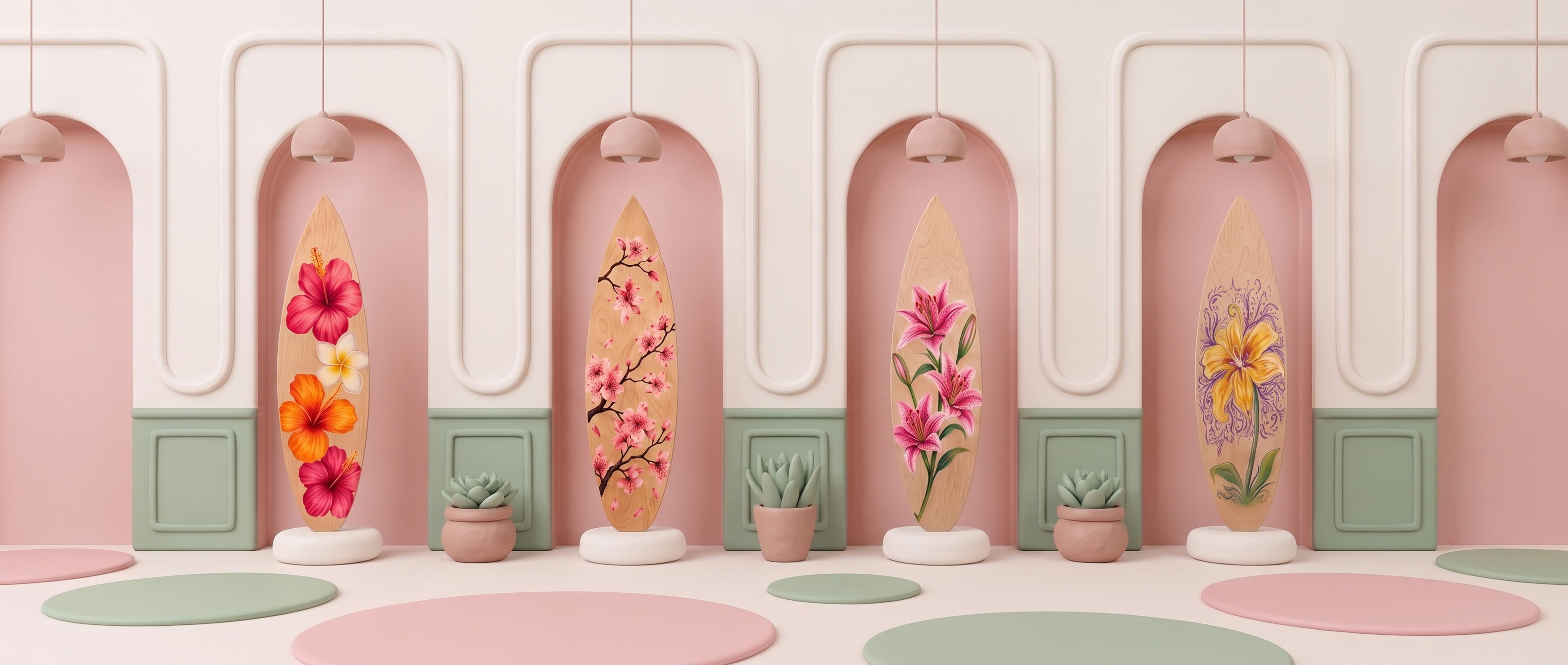 Gallery of hand-painted surfboards
